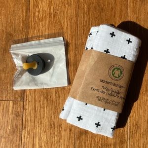 New ‘Modern Burlap’ swaddle Swiss cross Pretty Please Teethers’ pacifier black